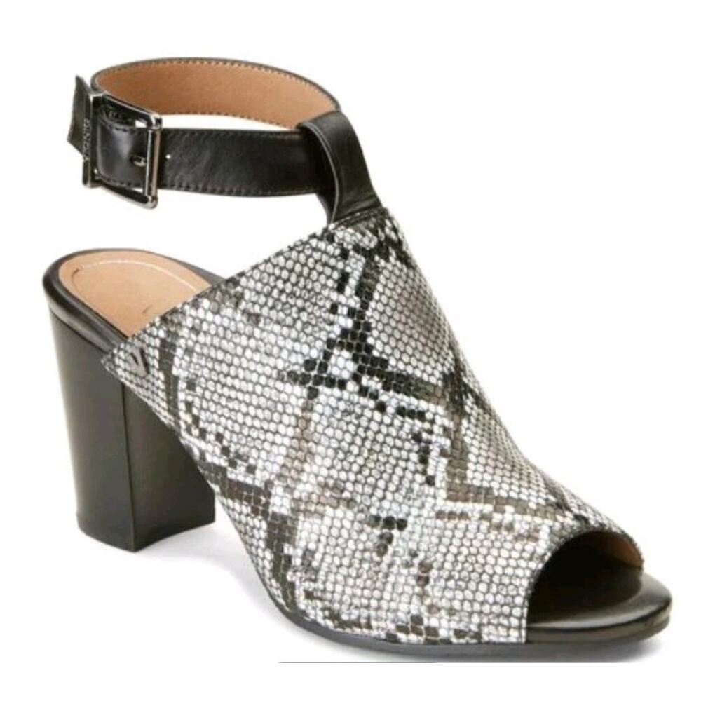 Vionic Black Kaia Snake Print Leather Ankle Strap Heels Sandals Shoe | 7.5 EUC